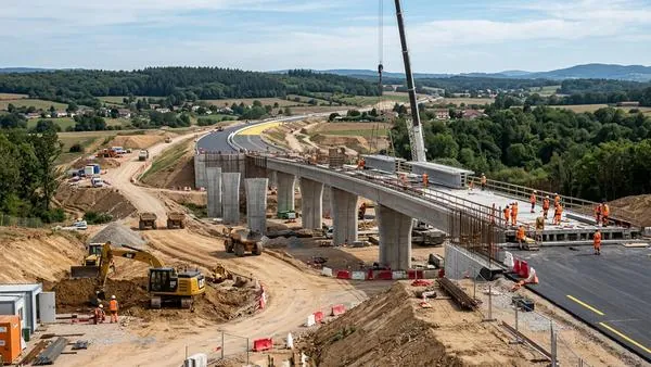 Chantier autoroutier : construction d'un viaduc et terrassements.