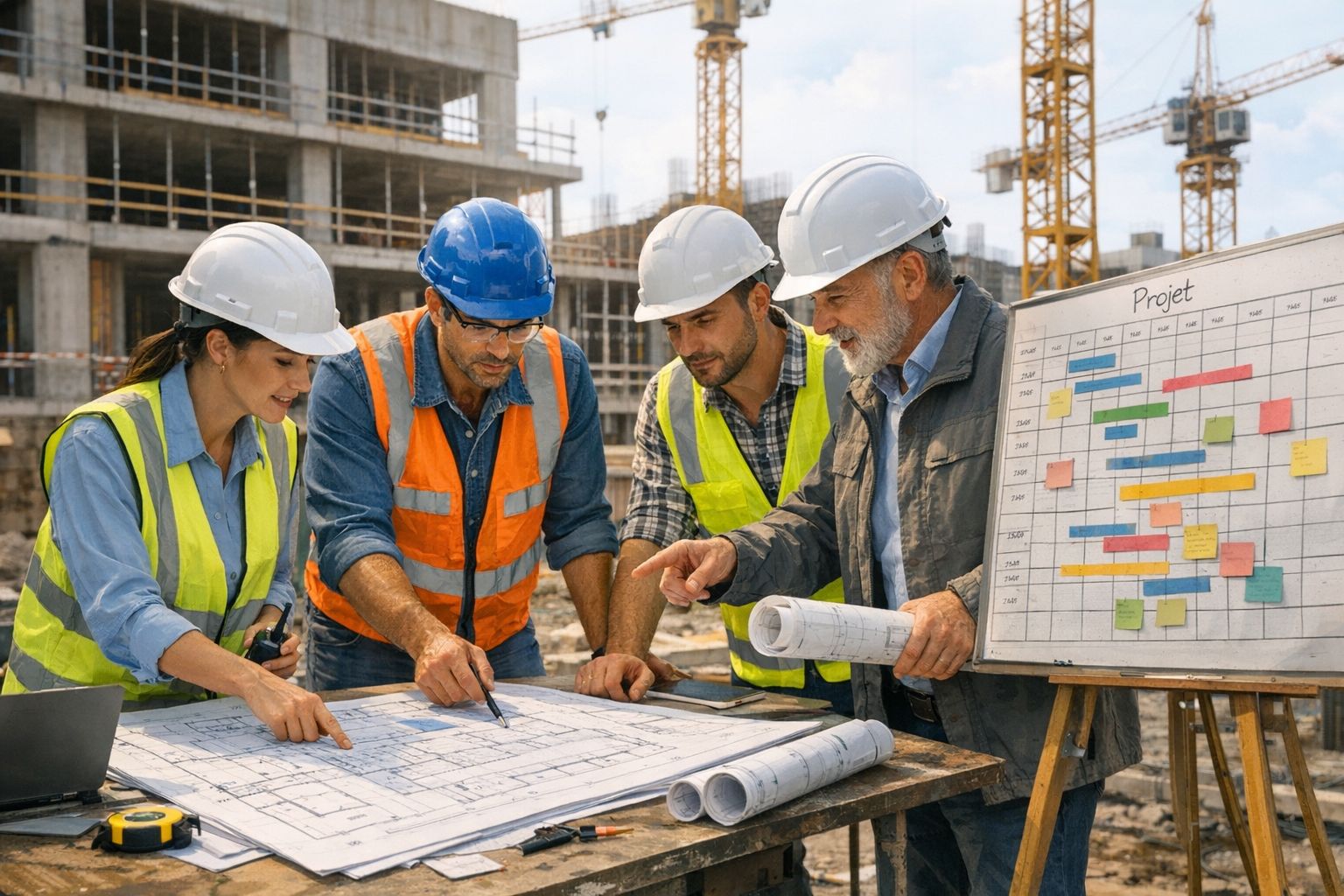 Réunion de chantier : une équipe en casques et gilets étudie les plans et le planning des travaux.