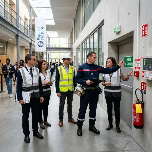 Visite de sécurité dans le hall d'un établissement recevant du public, en présence de techniciens et d'un sapeur-pompier.