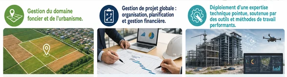 Les trois volets de l'ingénierie : gestion du domaine foncier et de l'urbanisme, gestion de projet globale, expertise technique.