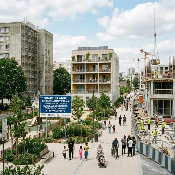 Quartier en rénovation urbaine : immeubles réhabilités, espaces verts et grue en arrière-plan.