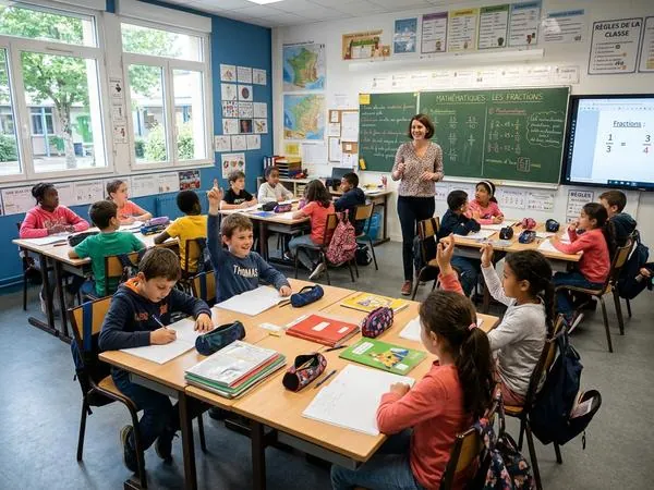 Salle de classe d'école primaire : élèves à leur bureau et enseignante au tableau.